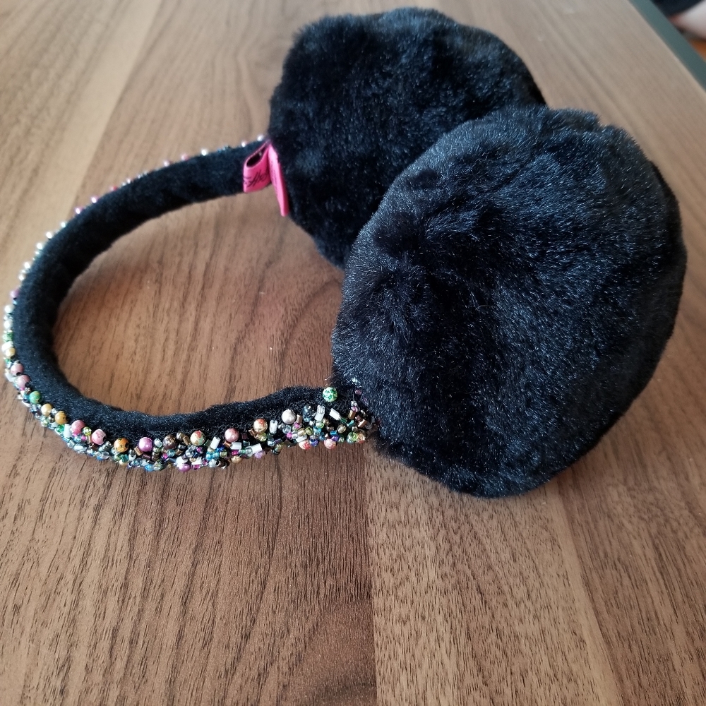 Betsey Johnson Black Fuax Fur Beaded Earmuffs